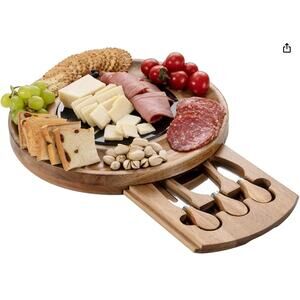Acacia Cheese Board & Knife Set Round Charcuterie Board with Slide-Out Drawer